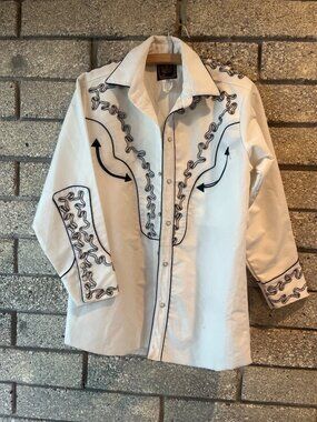 Vintage Mexican Charro Embroidered Western Button-Up Shirt White With Black Deta
